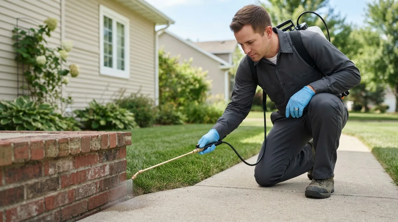 Pest control technician treating a home near Saint Bonifacius, MN